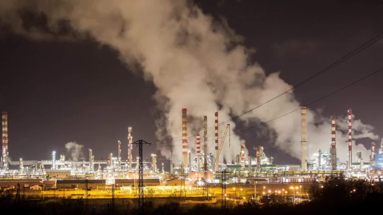 Petrochemical plant illuminated at night